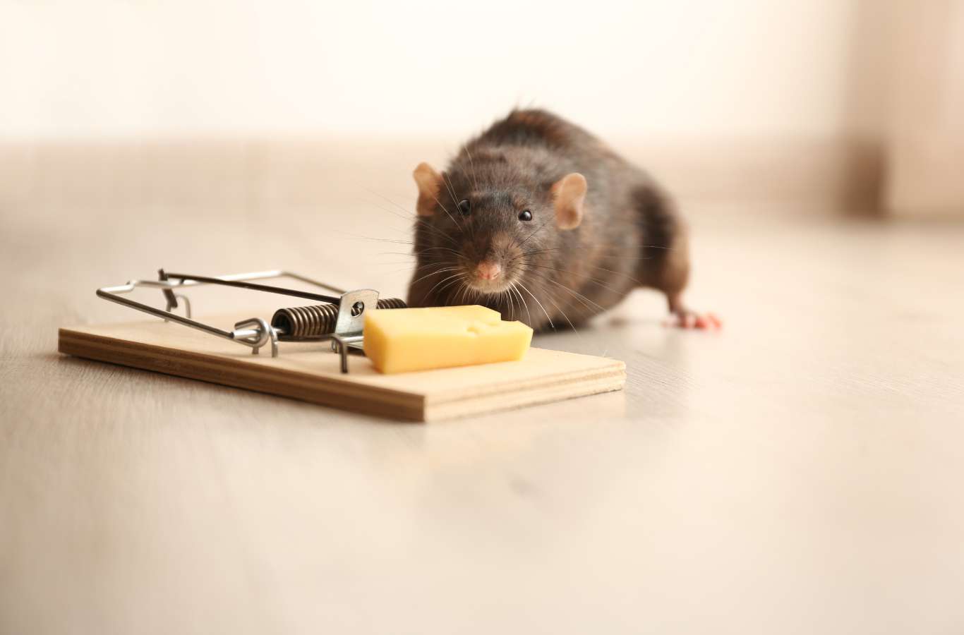 Rodent about to take cheese off a mouse trap